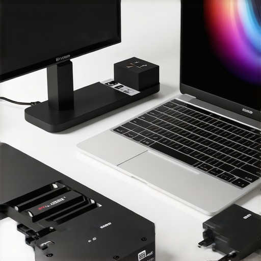 A sophisticated and efficient workspace setup A modern workspace featuring a laptop, docking station, ergonomic accessories, and external SSDs