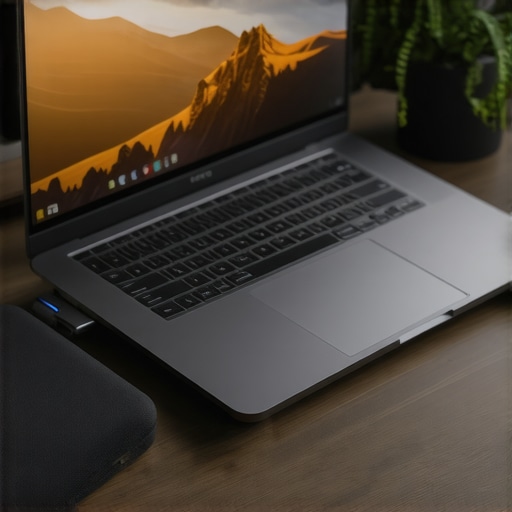 Sleek modern workspace featuring ergonomic accessories and external storage