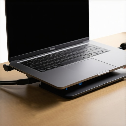 Ergonomic laptop stand with external SSD and USB-C hub in a modern workspace