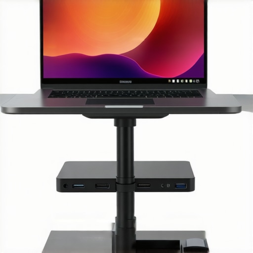 Workspace with ergonomic laptop stand, external SSD, and accessories