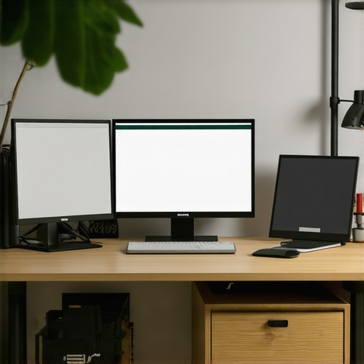 High-Tech Ergonomic Workspace Setup A sleek, ergonomic workspace featuring adjustable laptop stand, multiple monitors, and advanced accessories