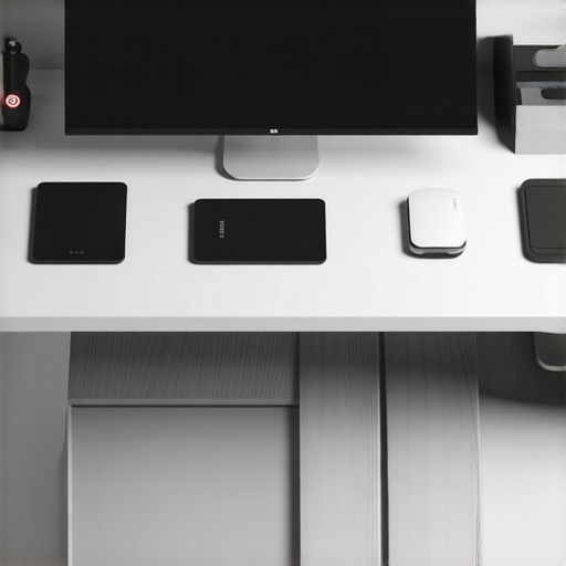 Modern ergonomic workspace featuring modular accessories and external SSDs.