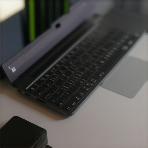 Organized workspace featuring USB-C hub, external SSD, ergonomic stand, and laptop sleeve