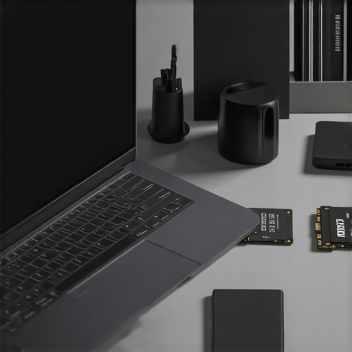 Modern Laptop Workspace with Accessories A sleek laptop workspace with accessories like a docking station, stand, and SSDs
