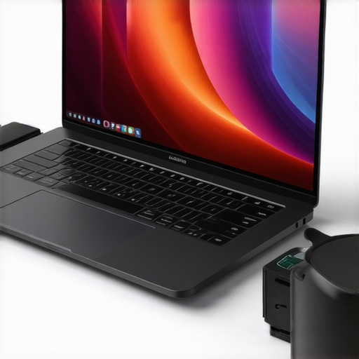 Laptop on adjustable stand with sleeve and external SSD in a sleek workspace.