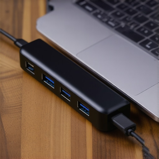 Modern laptop connected to a high-quality USB-C hub with multiple peripherals