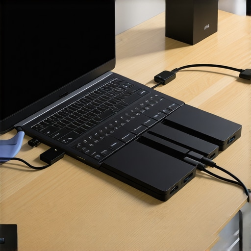 A sleek modern desk setup with laptop, USB-C hubs, external SSDs, and cable organization.