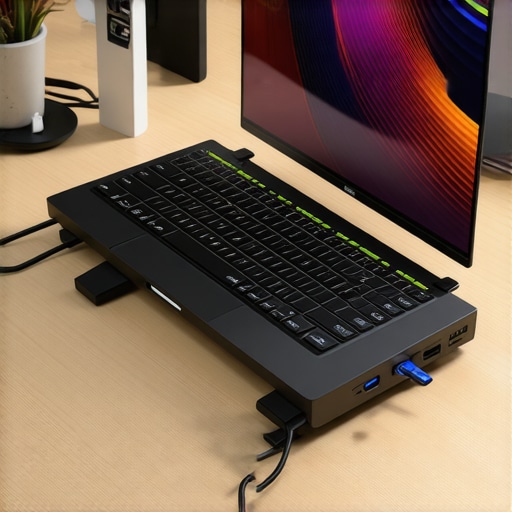 Modern ergonomic workspace with laptop stand and USB-C hub