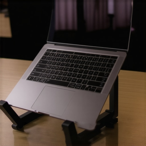 Adjustable ergonomic laptop stand on a modern desk with a laptop and accessories