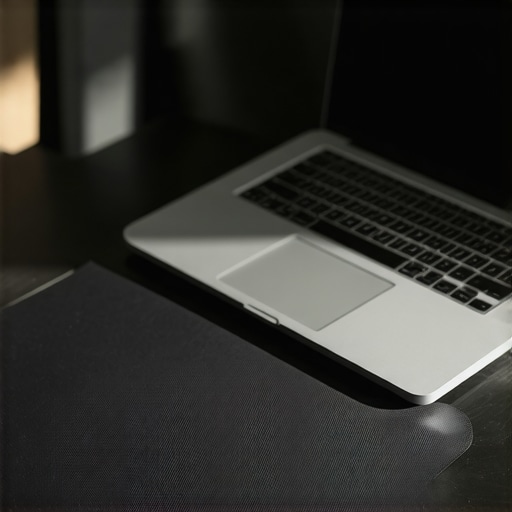 A sleek laptop stand and protective sleeve on a workspace