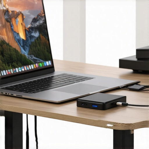 Laptop on an adjustable stand with external SSD and USB-C hub in a modern home office.
