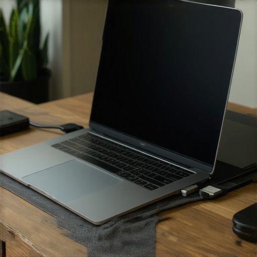 Modern ergonomic workspace with laptop stand, sleeve, and USB-C hub.