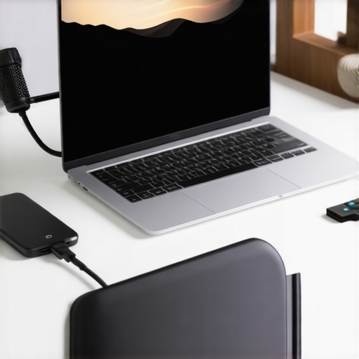 Ergonomic workspace with accessories for 2025 productivity Modern workspace with laptop stand, USB-C hub, and laptop sleeve demonstrating an efficient setup.