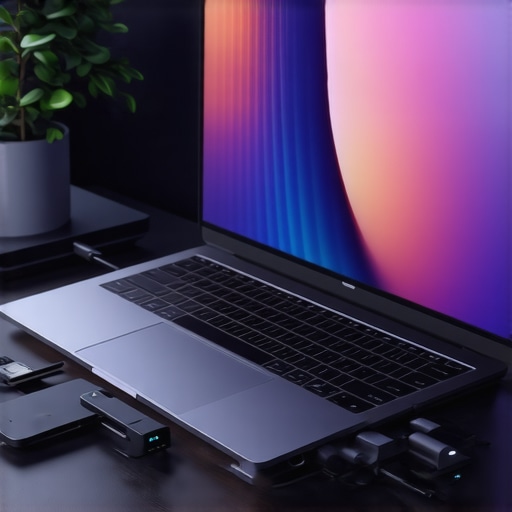 Modern workspace with laptop accessories including sleeve, stand, and USB-C hub.