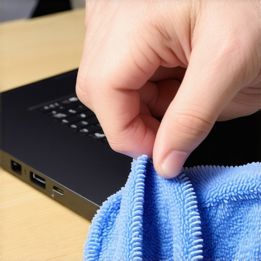 Person cleaning laptop USB-C hub with compressed air and microfiber cloth