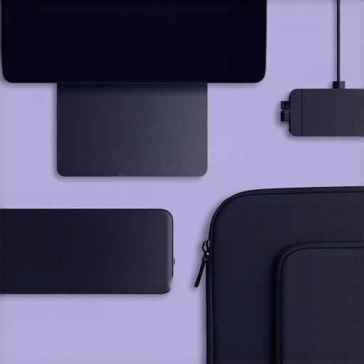Laptop accessories including hub, sleeve, and stand arranged on a desk
