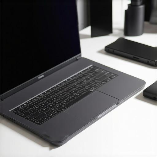 Laptop setup with USB-C hub, external SSD, ergonomic stand, and laptop sleeve on a desk.