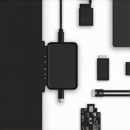 A workspace with a laptop, stand, USB-C hub, and external SSDs arranged neatly