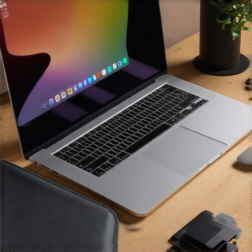 Workspace with laptop on stand, USB-C hub, external SSD, and laptop sleeve