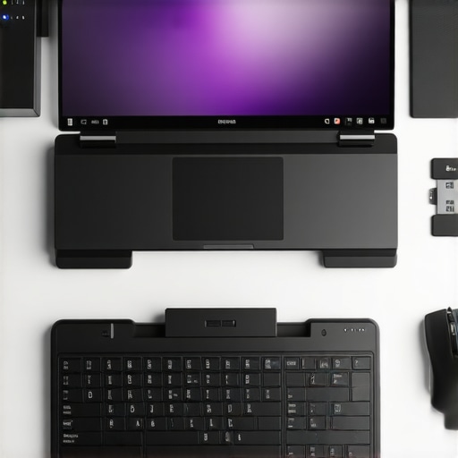 A clean, organized desk setup featuring a laptop on an adjustable stand, external peripherals, and storage devices