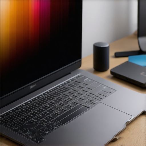 Modern workspace with ergonomic laptop stand and external SSD setup.