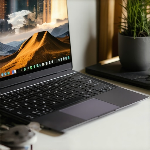 A sleek, modern workspace with a laptop on a stand, external SSD, USB-C hub, and protective sleeve, well-organized and ergonomic