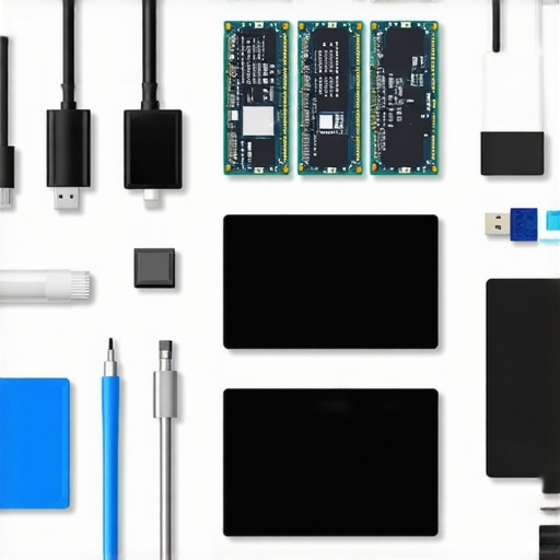 A well-organized workspace showing external SSDs, USB-C hubs, and cleaning tools for device upkeep.