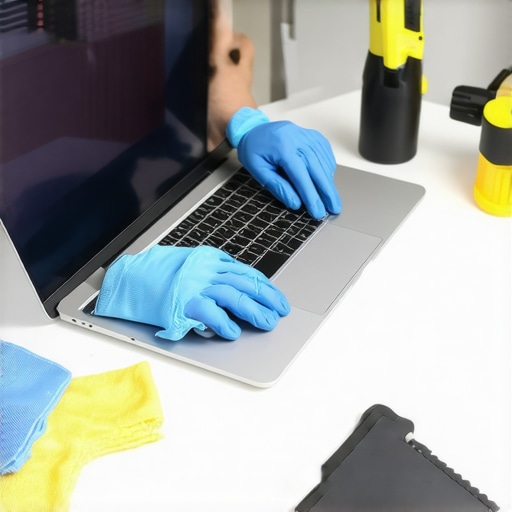 Person cleaning laptop and accessories to maintain workspace efficiency