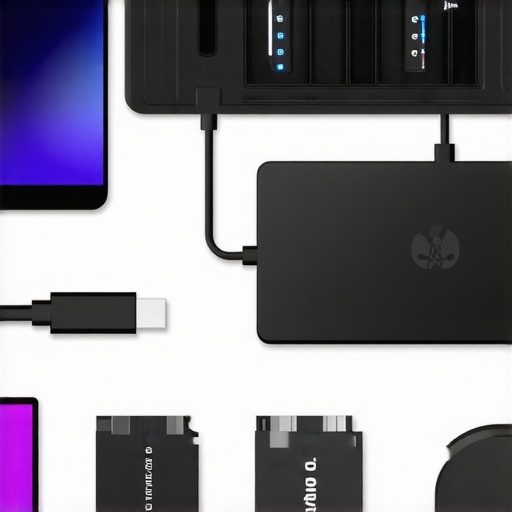 A sleek workspace featuring a modern laptop connected to a high-speed USB-C hub and external SSDs, emphasizing organization and technology.