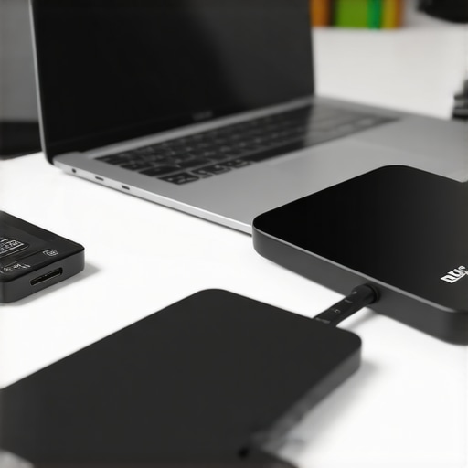 Person updating external SSD firmware on desk with laptop stand and USB-C hub.