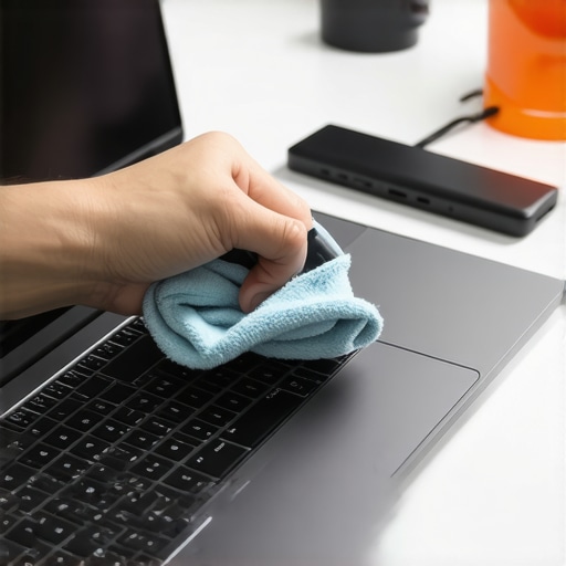 Person cleaning laptop port with organized accessories nearby.