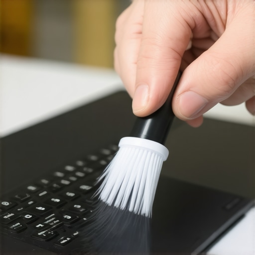 Person using compressed air and brush to clean a laptop port in a well-organized workspace.