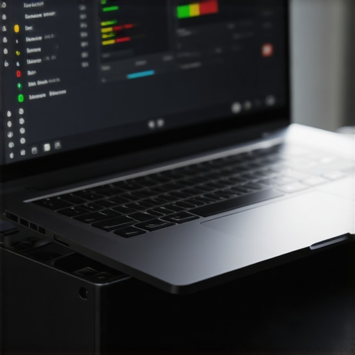 Laptop on a stand with external SSD and temperature monitoring screenshot