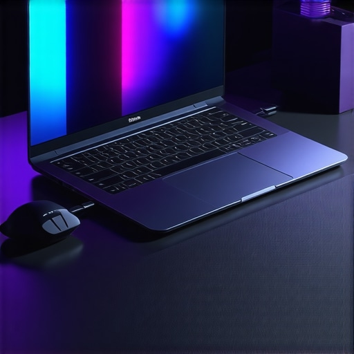 A modern workspace showing a laptop with accessories arranged neatly, emphasizing organization and cooling solutions.