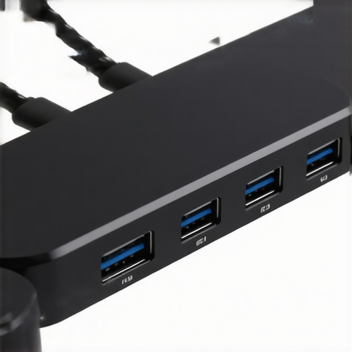 Close-up of a modern USB-C hub connected to laptop with multiple active cables.