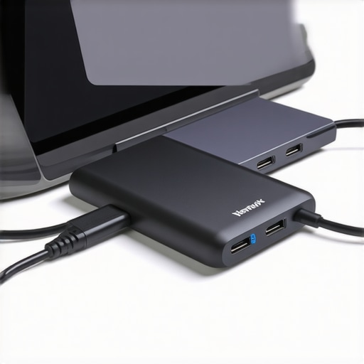 A sleek USB-C hub connected to a laptop with external SSDs and accessories to demonstrate a high-speed data transfer setup