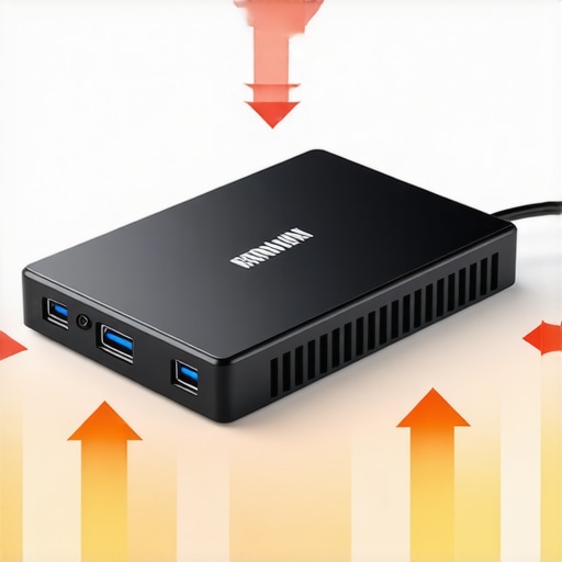 External SSD placed on a cooling stand with airflow for heat management.