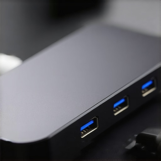 Close-up of a USB-C hub with multiple connections in a tidy workspace