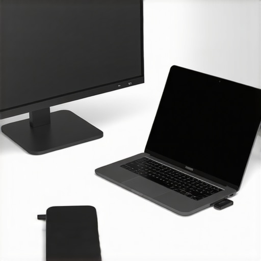 Ergonomic laptop workspace featuring a stand, external monitor, and USB-C hub.