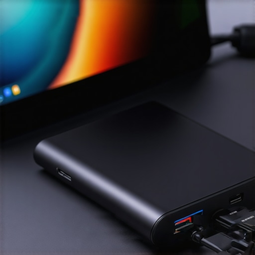 External SSD connected to USB-C hub with laptop, highlighting fast data transfer in a modern workspace.