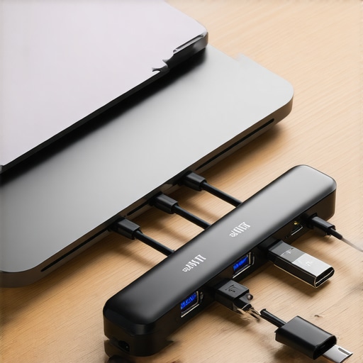 Optimized USB-C Hub Setup for Maximum Performance A detailed close-up of a professional-grade USB-C hub connected to a laptop, illustrating multiple high-speed data cables