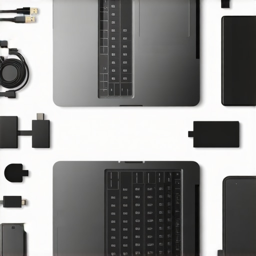 A clean and organized laptop workspace featuring external SSDs, cable organizers, and ergonomic accessories.