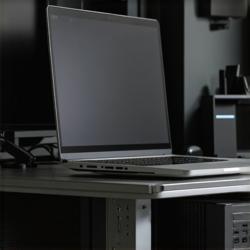 A sturdy titanium laptop stand supporting multiple monitors and external SSDs in a sleek office setup